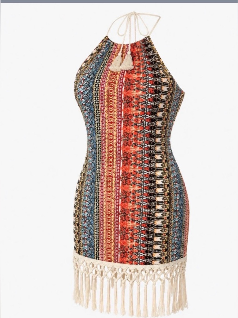 Boho Halter Fringe Mini Dress - Multicolor